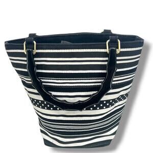 TIANNI  Black & White Ribbon Mini  Bucket Bag Bamboo Look Handles    Neutral